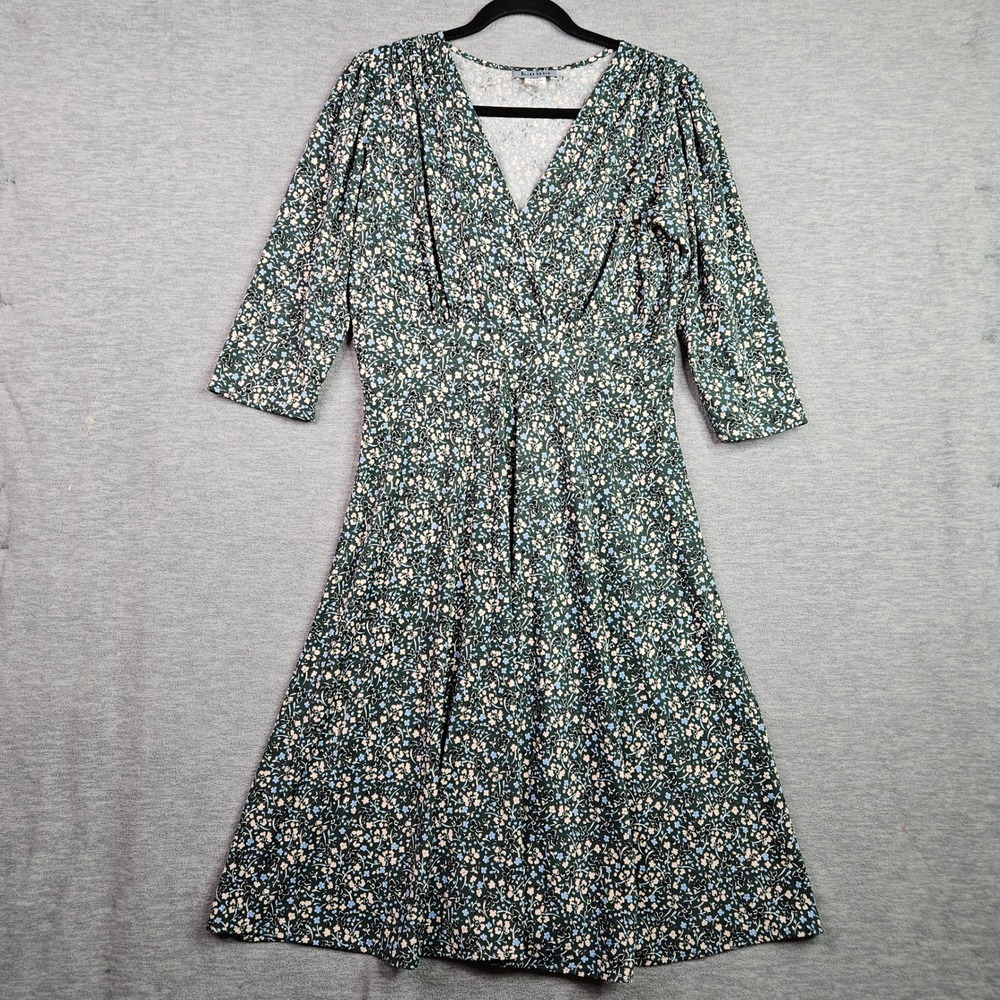 Kiyonna Green Floral V-Neck 3/4 Sleeve A-Line Midi Dress Womens Size M/L